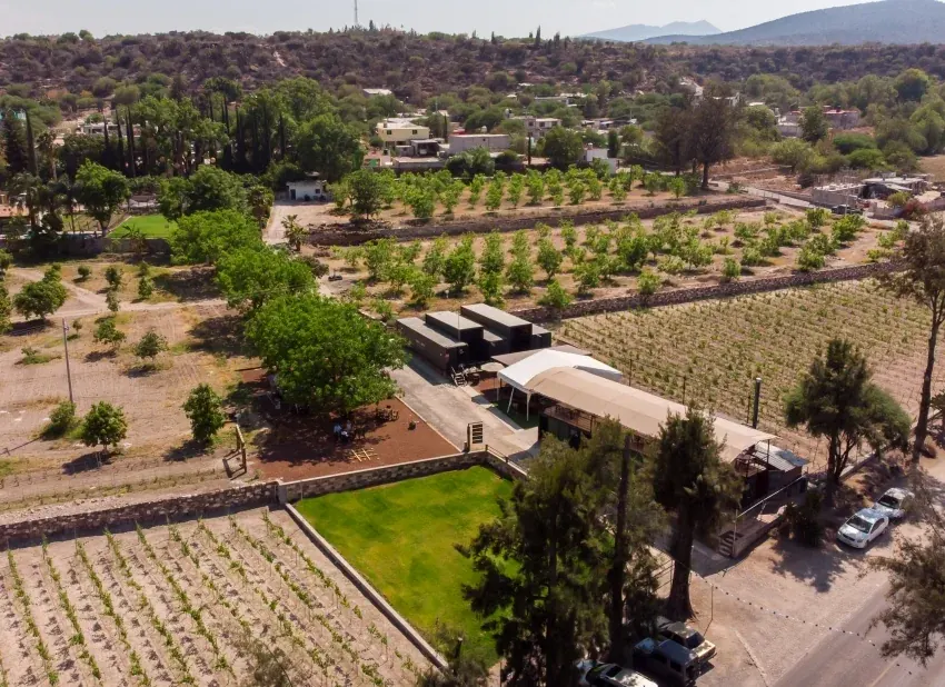 Viñedo Tierra y Almas: vista aérea del viñedo y la bodega