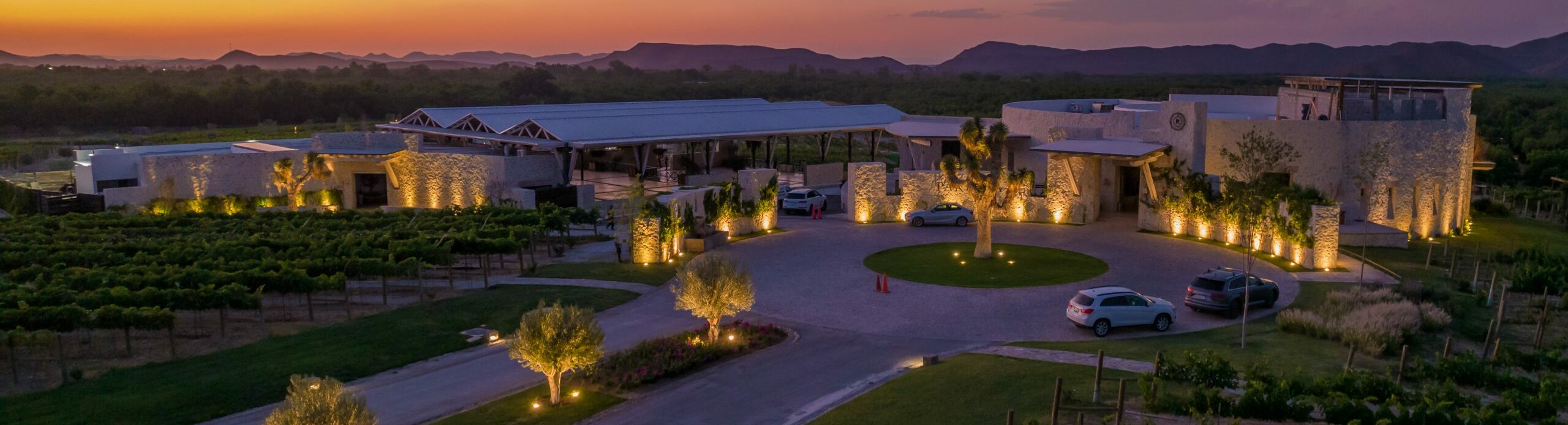 Vista aérea al atardecer de una bodega iluminada, con sus jardines y los viñedos alrededor.